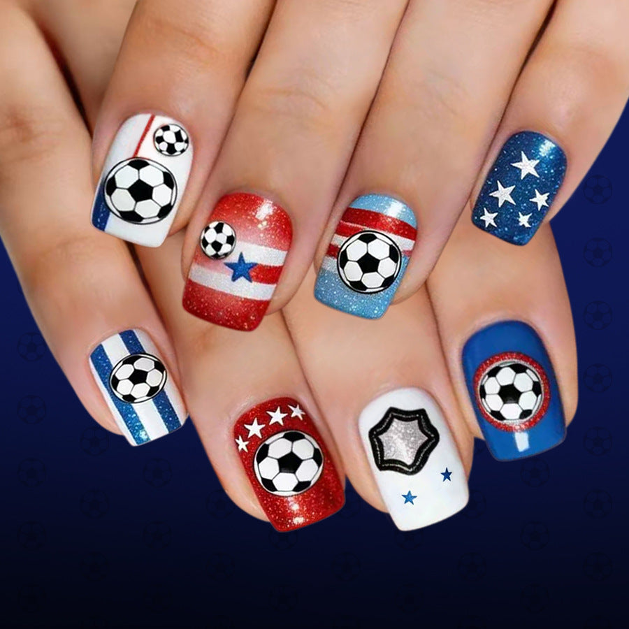 Soccer Celebration Short Square Blue Glitter Design Press On Nail Set