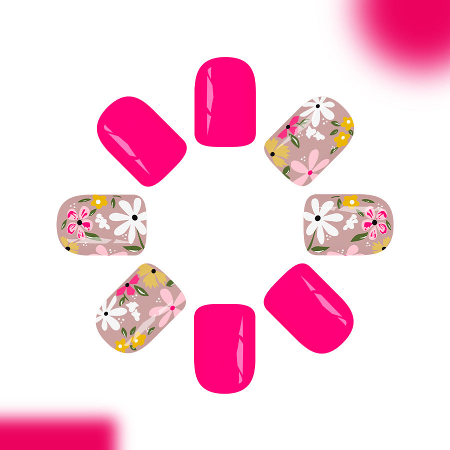 Floral Dream Short Square Bright Pink with Artistic Flower Design Press On Nail Set