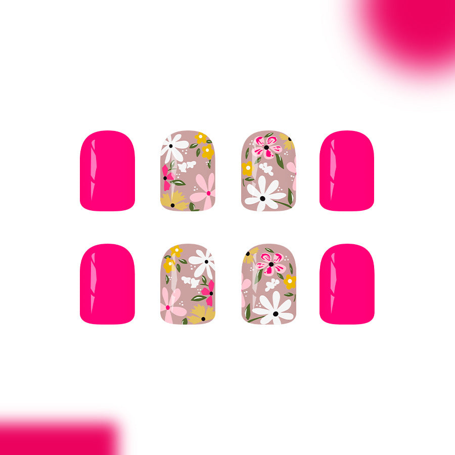Floral Delight Short Square Pink Glossy Press On Nail Set with Botanical Art