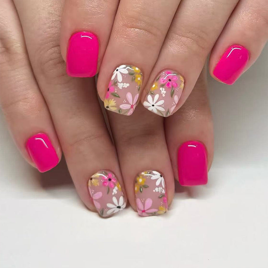 Floral Delight Short Square Pink Press On Nail Set with Unique Floral Design