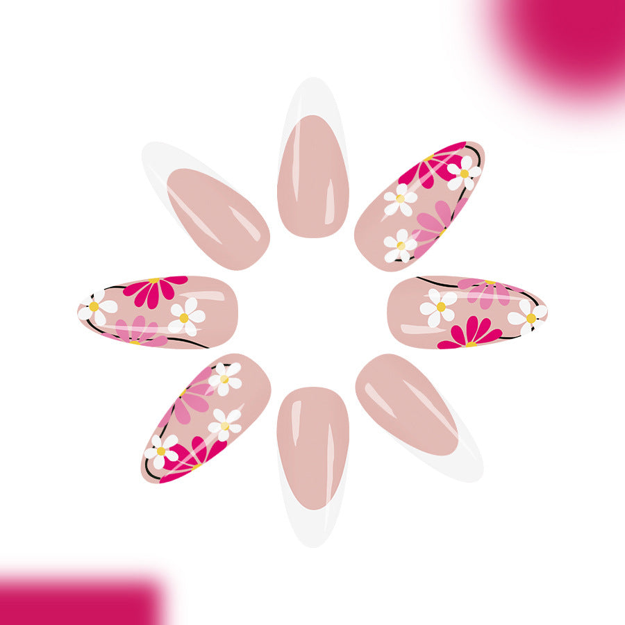 Floral Dream Long Almond Pink Nail Set with Artistic Flower Design