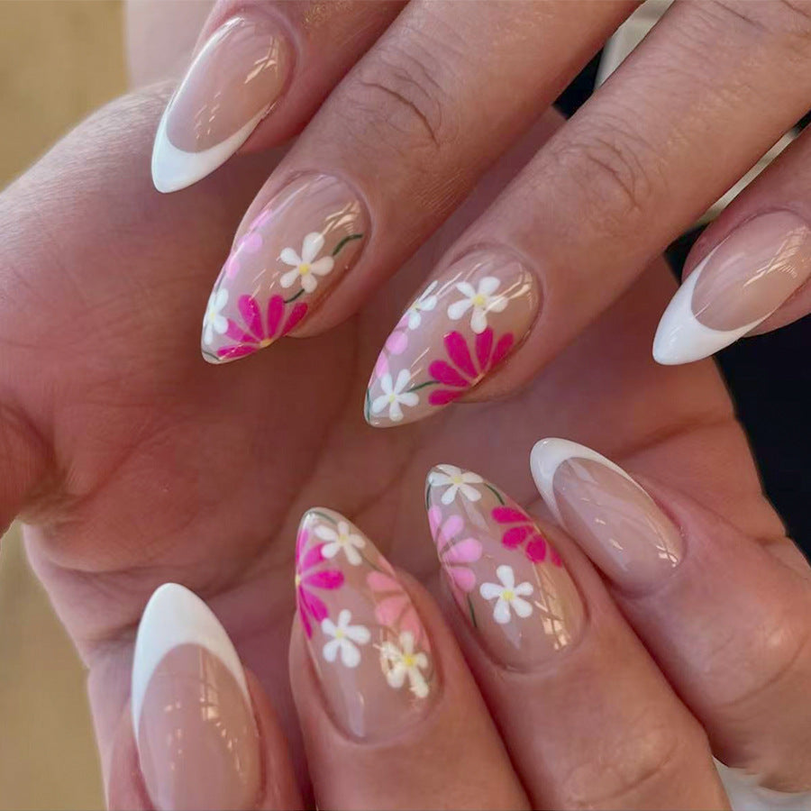 Blossom Elegance Long Almond White Tip Floral Press On Nail Set