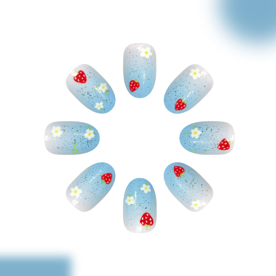 Whimsical Spring Short Oval Light Blue with Strawberry Floral Design Press On Nail Set