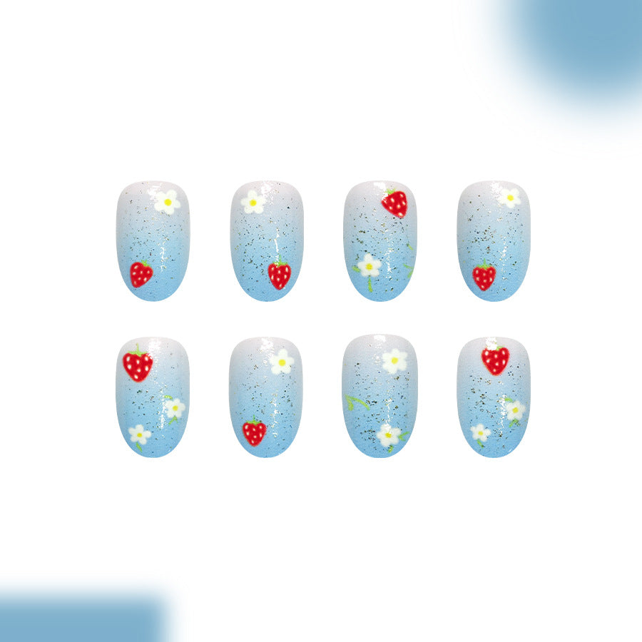 Whimsical Strawberry Fields Medium Round Blue Nails with Floral Designs