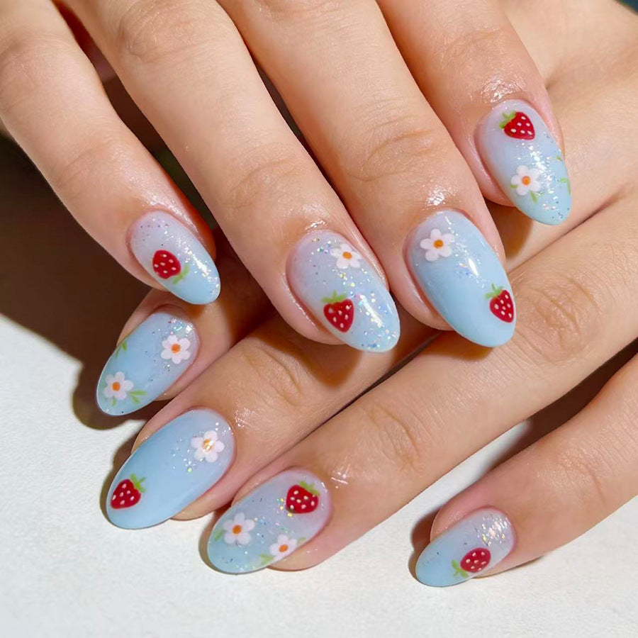 Whimsical Floral Dream Medium Oval Sky Blue Nail Set with Strawberry Accents