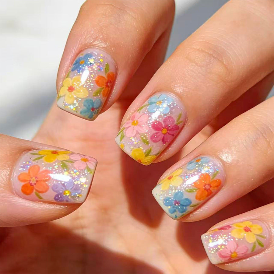 Floral Fantasy Short Square Pastel Press On Nail Set with Glittering Finish