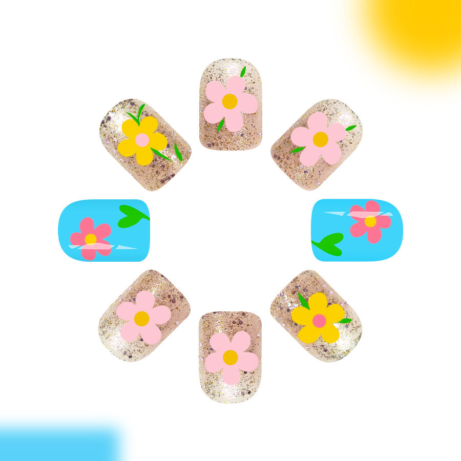 Blooming Floral Short Square Colorful Glitter Press On Nail Set