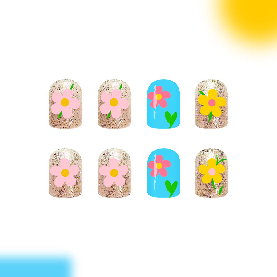 Spring Bliss Medium Square Glittering Floral Press-On Nail Set