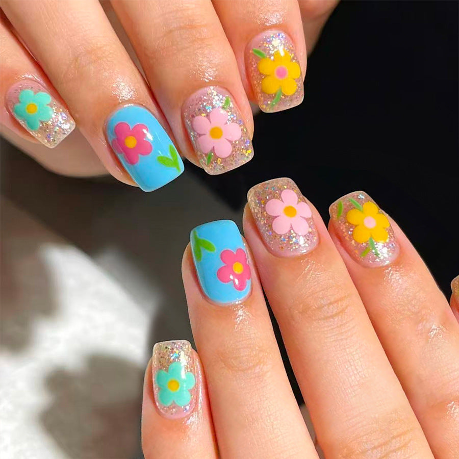 Floral Fantasy Short Square Blue with Colorful Flower Accents Press On Nail Set