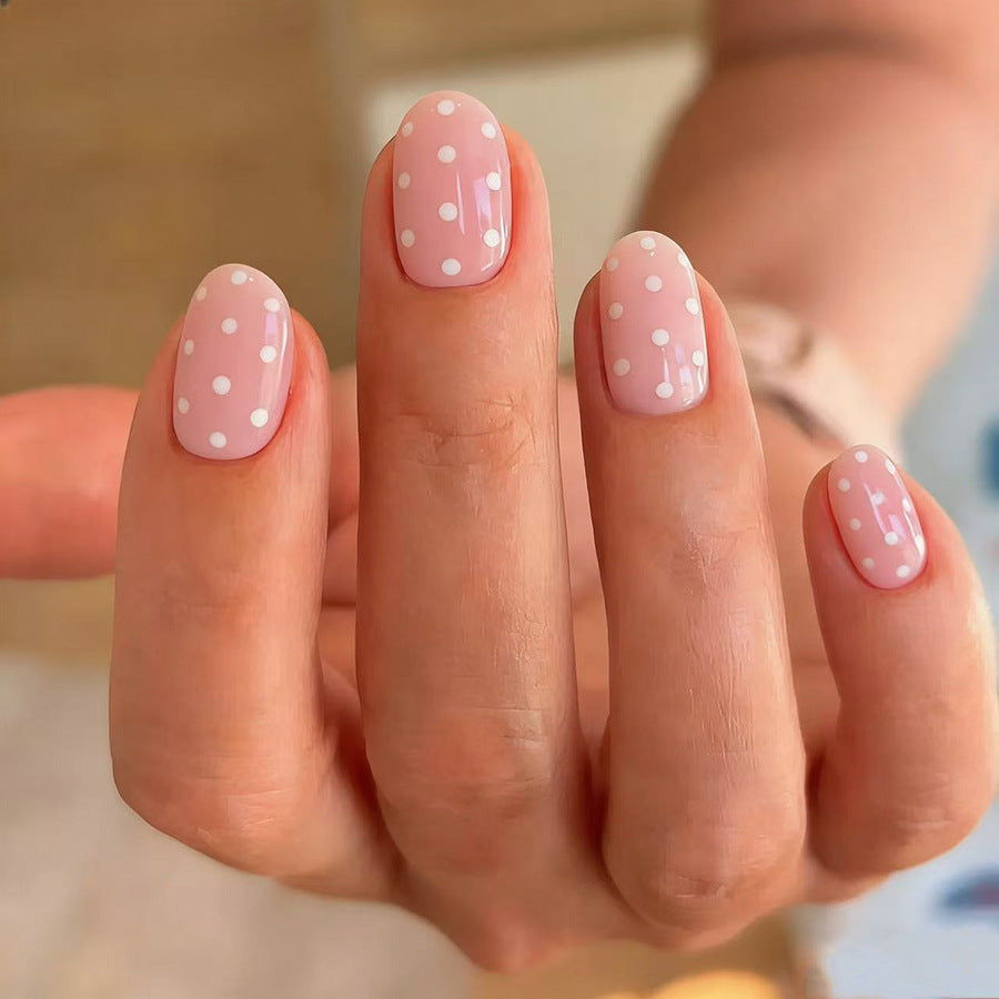 Whimsical Polka Dot Short Oval Pink Nail Set with Glossy Finish