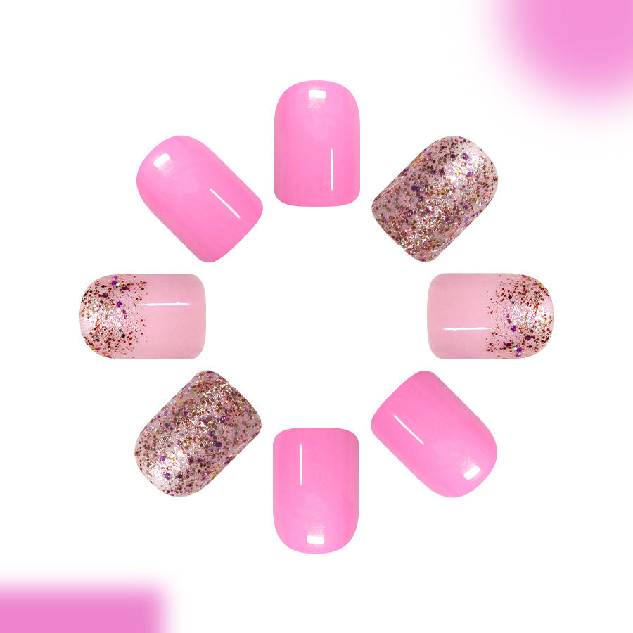 Bubbly Blossom Short Square Pink Glitter Accent Press On Nail Set