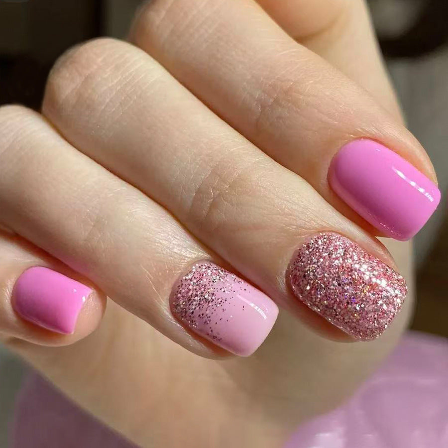 Glittering Pink Short Square Nails with Stunning Sparkle Finish