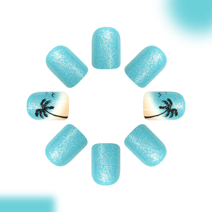 Tropical Sparkle Short Square Baby Blue Glitter Press On Nail Set with Island Vibes Design