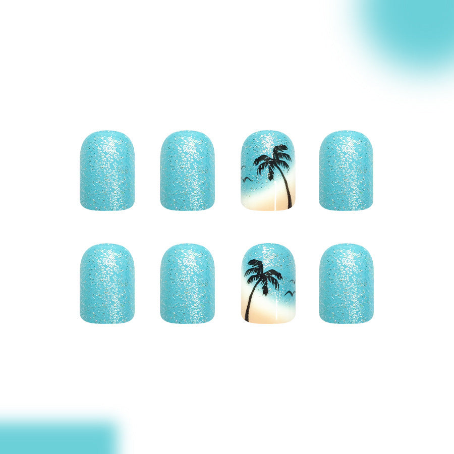 Tropical Vibes Short Square Sparkling Sky Blue Nail Press Set with Palm Tree Design