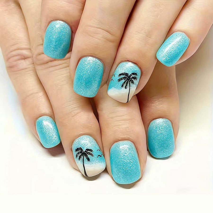 Tropical Vibes Short Square Light Blue Sparkling Press On Nail Set with Palm Tree Design