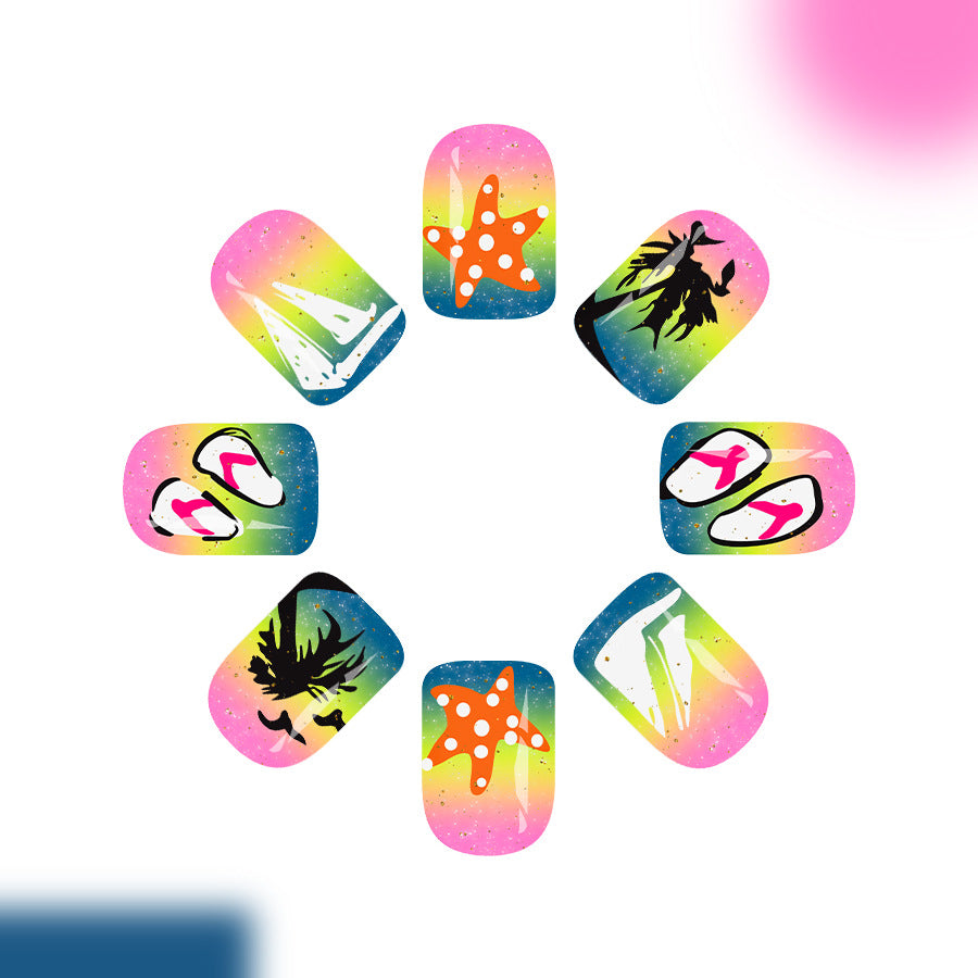 Tropical Beach Vibes Short Square Colorful Gradient with Unique Beach-Themed Designs Press on Nail Set