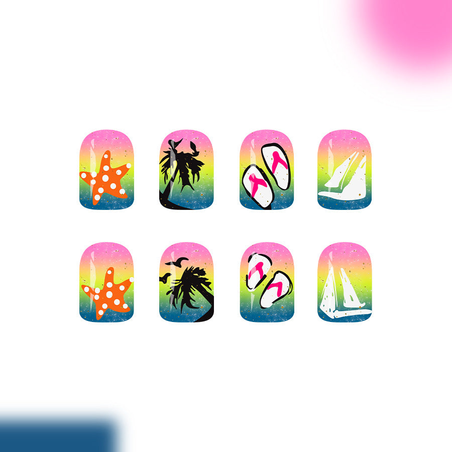 Tropical Vibes Short Square Pink Gradient Press On Nail Set with Fun Summer Designs