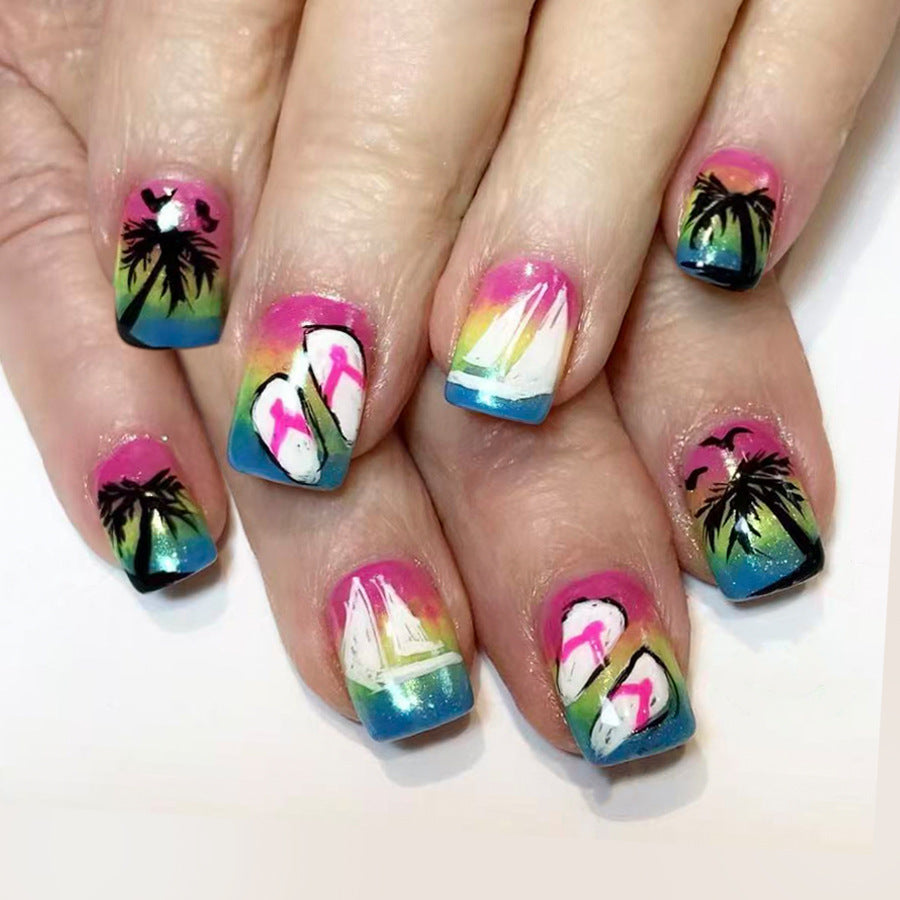 Tropical Vibes Short Square Ombre with Artistic Palm Tree and Sailboat Design Press on Nail Set