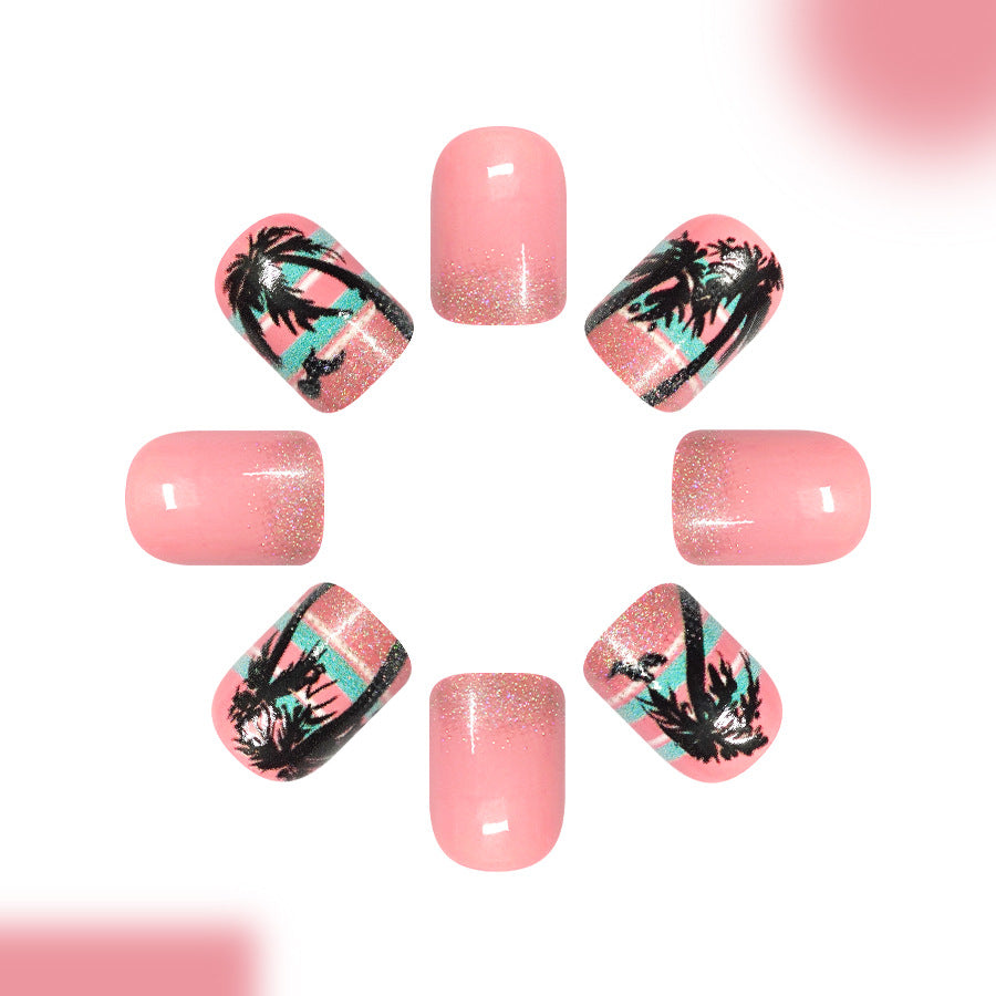 Tropical Escape Short Square Pink Nails with Glittery Palm Tree Design