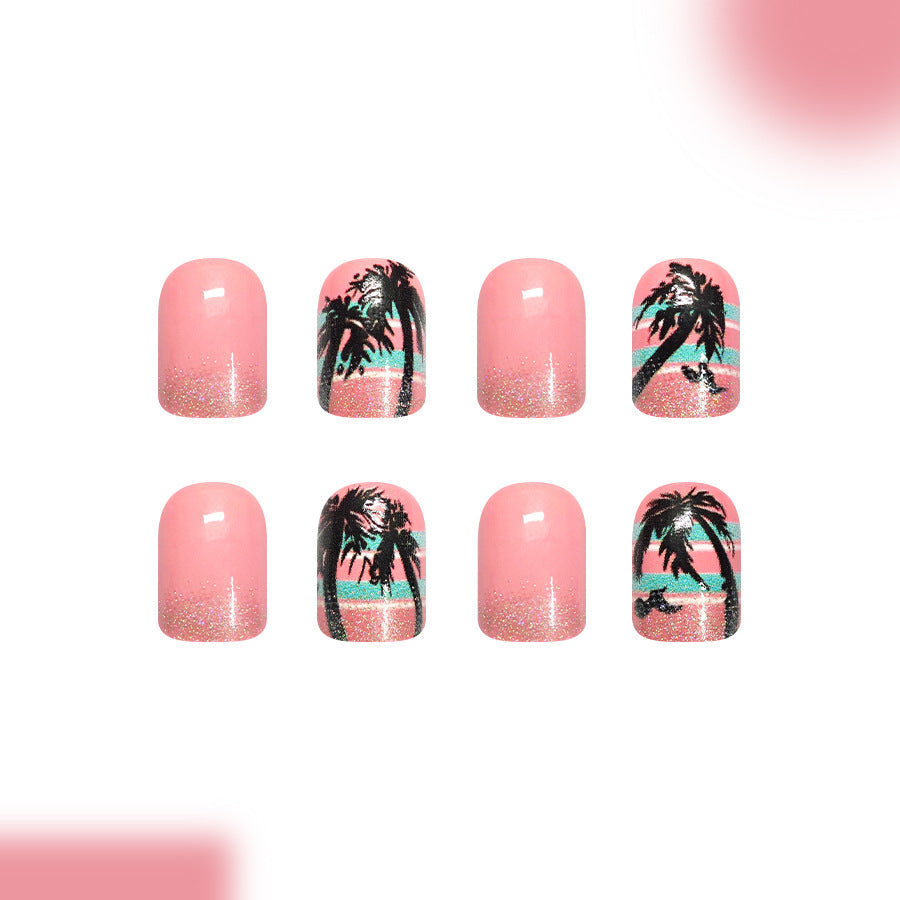 Tropical Paradise Short Square Pink with Glitter and Palm Tree Design Press on Nail Set
