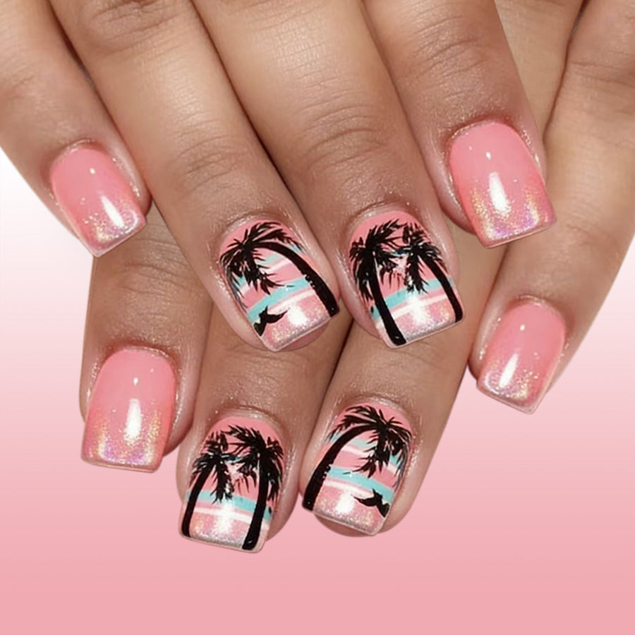 Tropical Bliss Short Square Pink With Beach Sunset Design Press On Nail Set