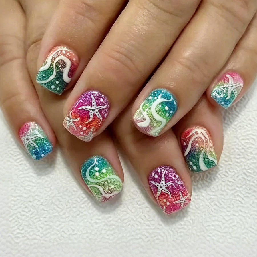 Ocean Bliss Short Square Vibrant Glitter Design Nail Set
