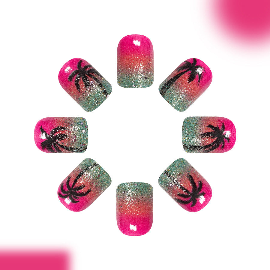 Tropical Escape Short Square Pink with Glitter Palm Tree Design Press On Nail Set