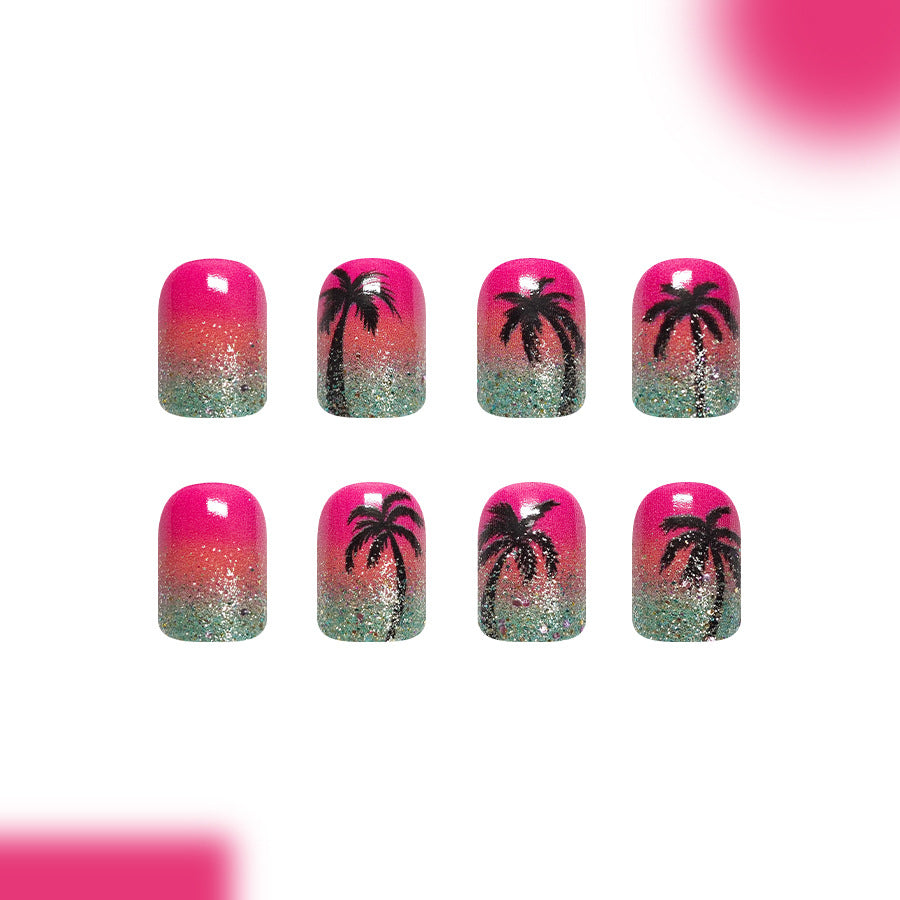 Tropical Sunset Short Square Pink Ombre Nails with Palm Tree Design