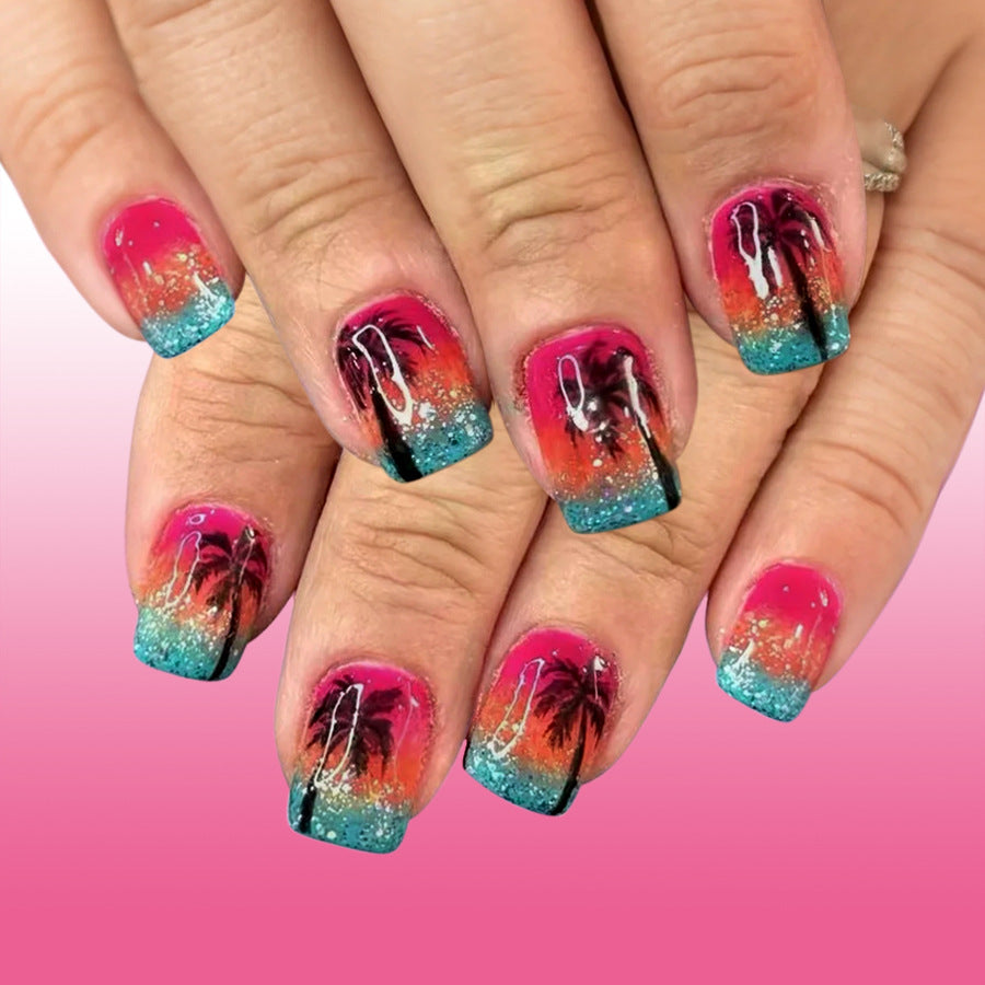 Tropical Paradise Short Square Pink and Blue Glitter Ombre Press On Nail Set