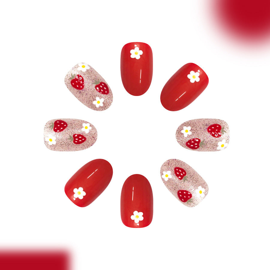 Strawberry Delight Medium Oval Red Nails with Floral Accents