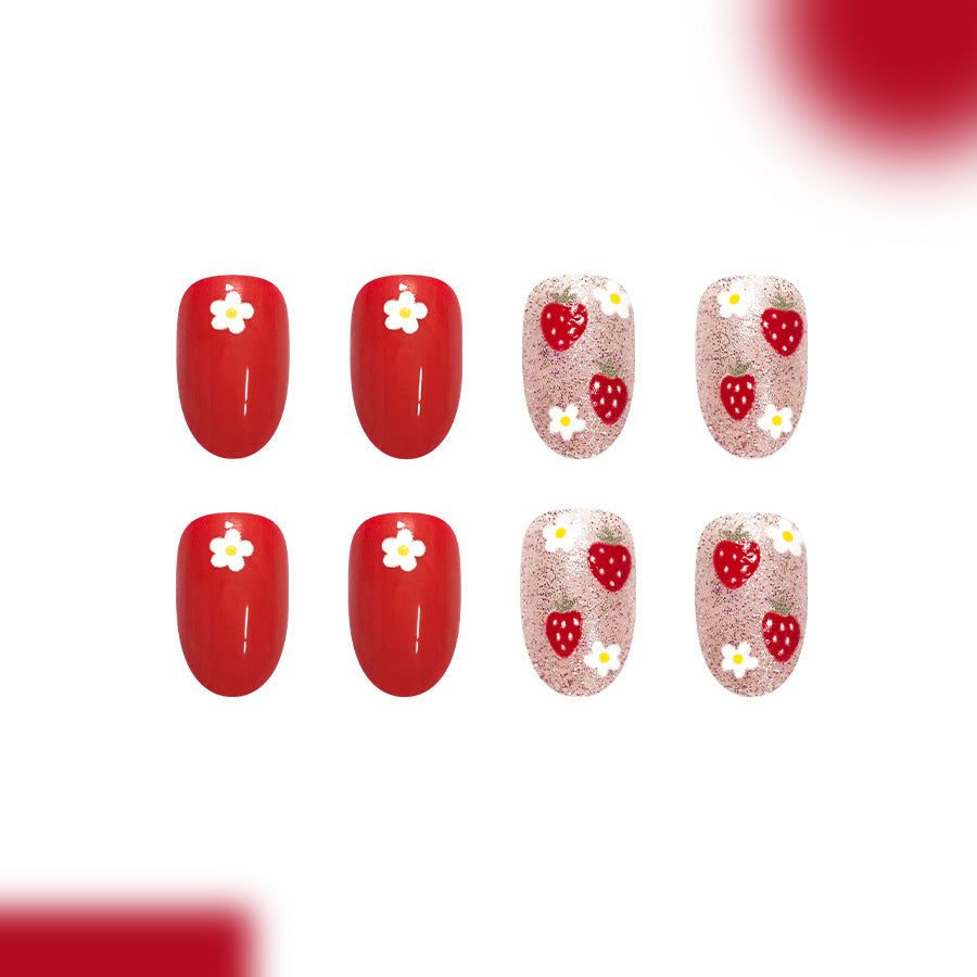 Berry Delight Medium Round Red with Charming Floral Accents Press On Nail Set