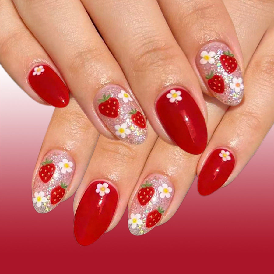 Sweet Strawberry Dreams Medium Almond Red with Floral Accents Press On Nail Set