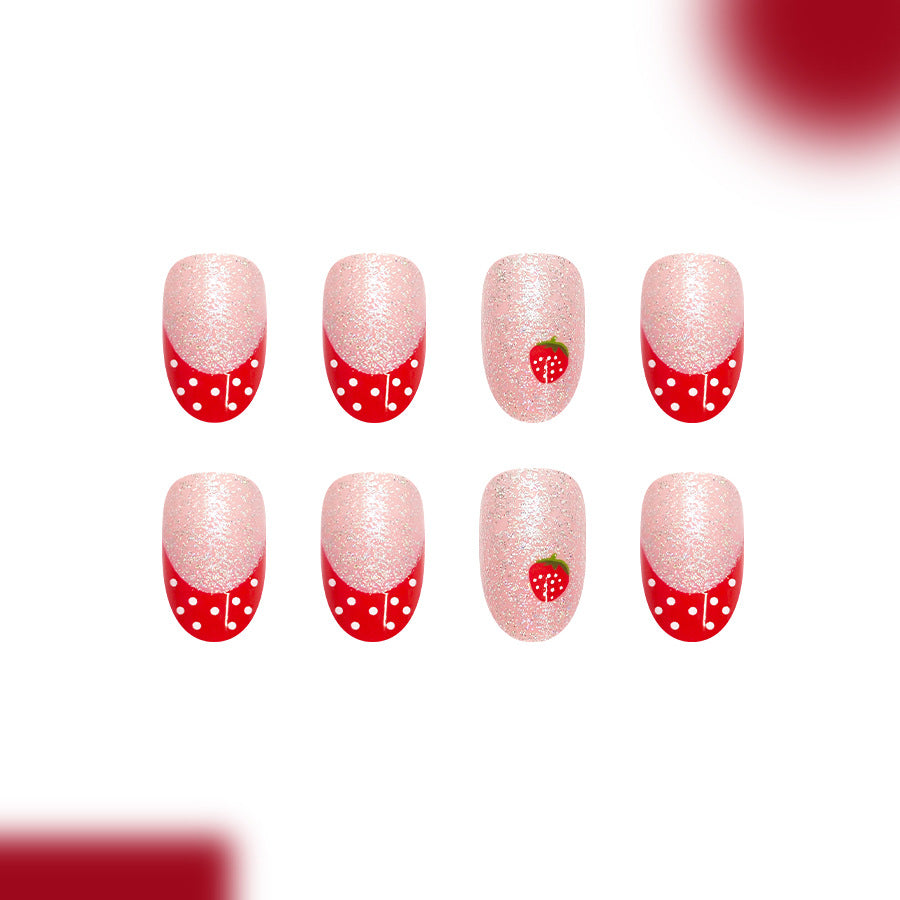 Sweet Strawberry Delight Medium Oval Glitter Press On Nail Set with Charming Fruit Design