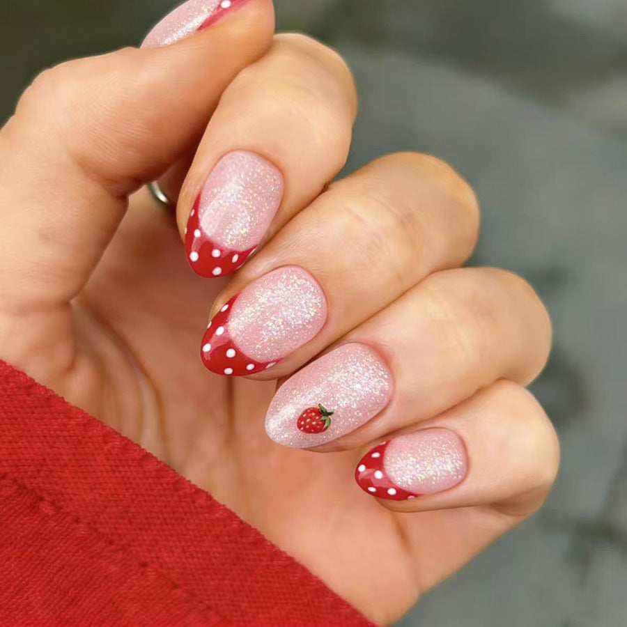 Berry Inspired Medium Almond Red and Glitter Press On Nail Set with Charming Strawberry Detail