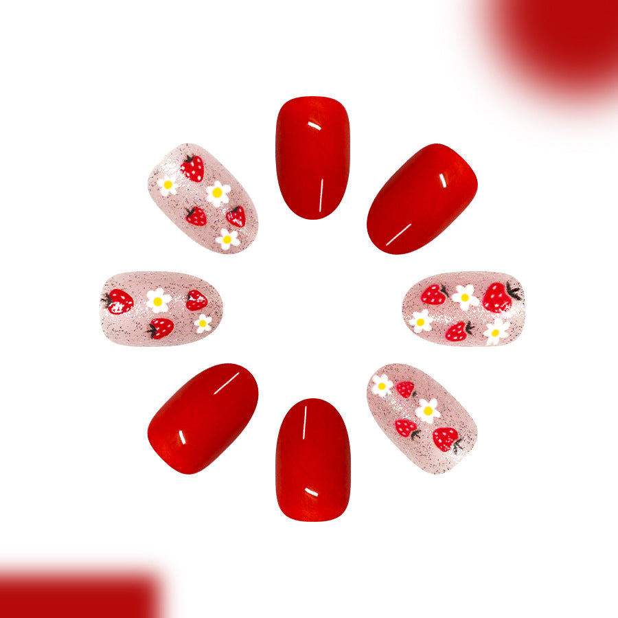 Strawberry Dream Medium Oval Red Nails with Floral Accents