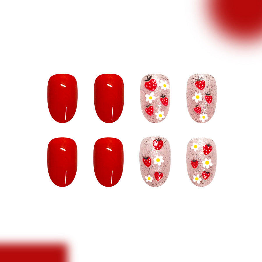 Strawberry Fields Medium Oval Red with Floral Accents Press on Nail Set