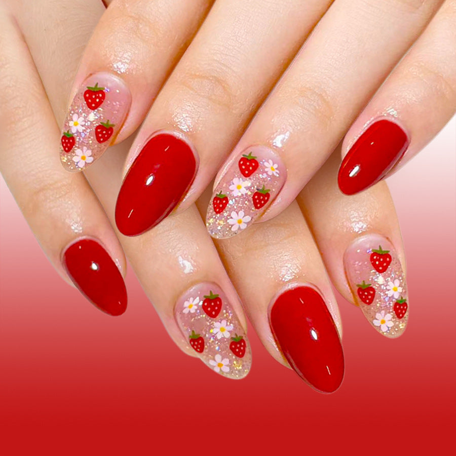Strawberry Delight Medium Almond Red Floral Design Press On Nail Set