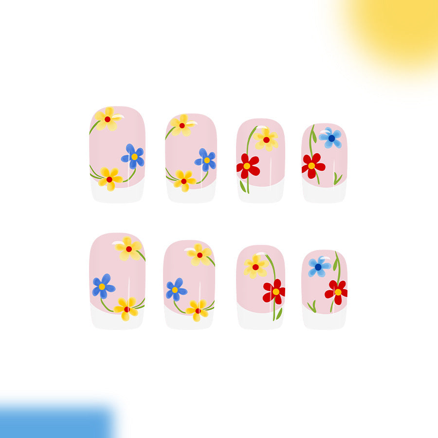 Whimsical Floral Short Square Pink Press On Nail Set with Colorful Flower Design