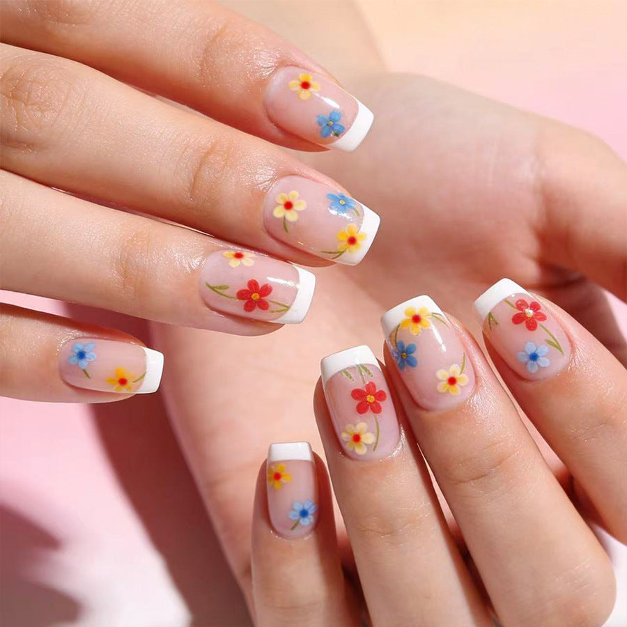 Blossom Delight Short Square White French Tip Floral Press On Nail Set