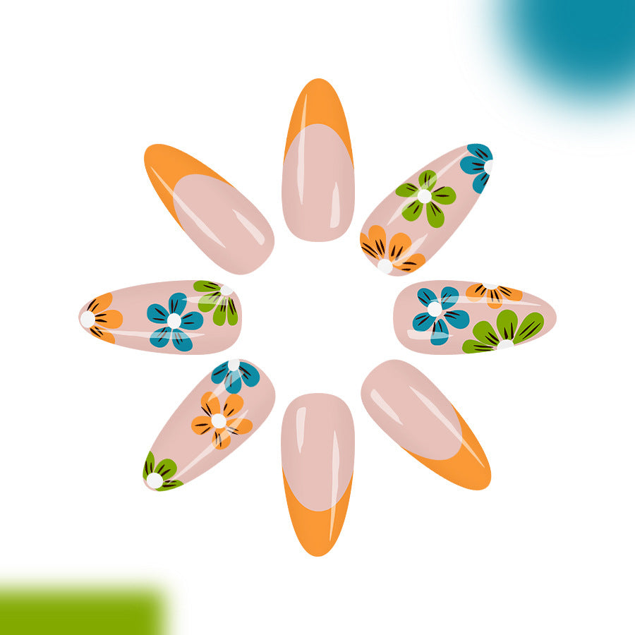 Floral Fiesta Medium Almond Peach with Vibrant Floral Accents Press On Nail Set