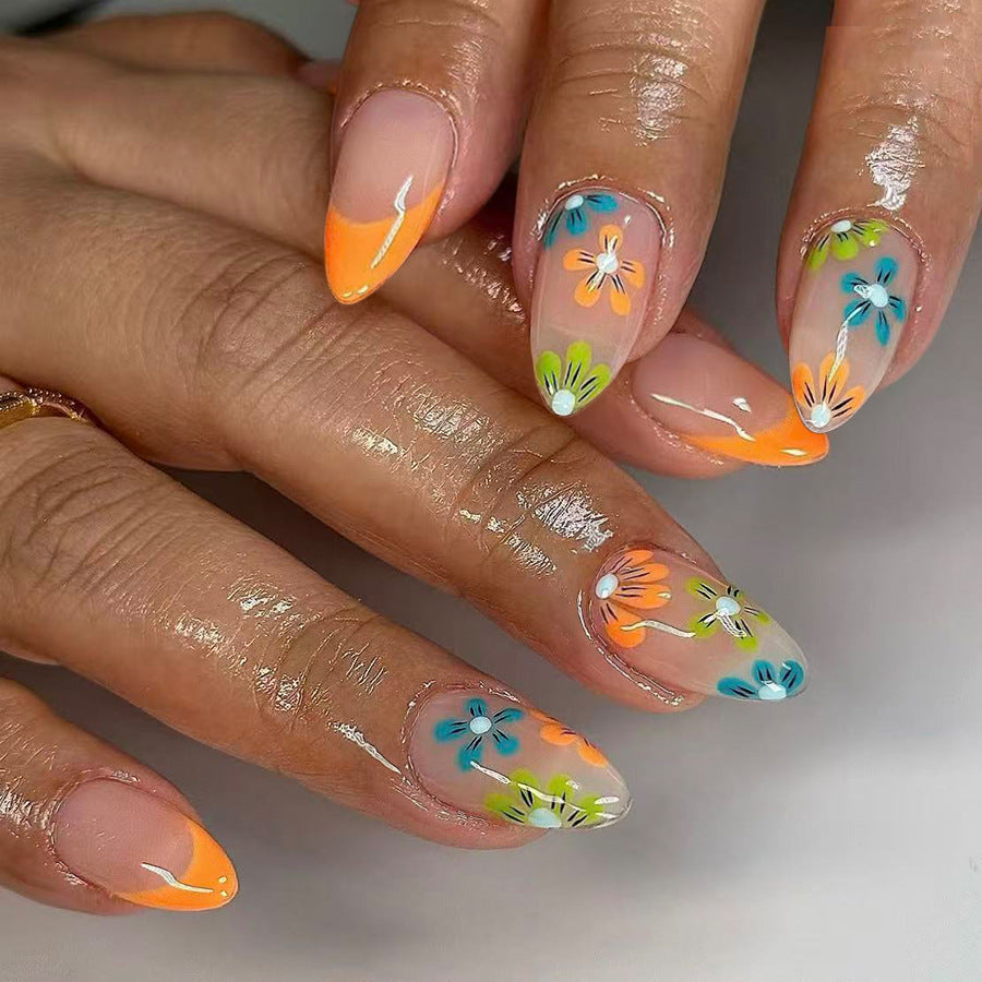 Floral Fantasy Medium Almond Orange and Floral Design Press On Nail Set