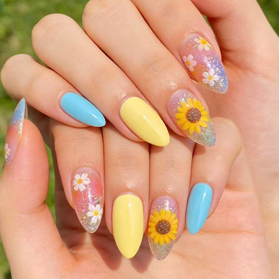 Sunshine Delight Long Almond Sky Blue and Flower Design Press on Nail Set