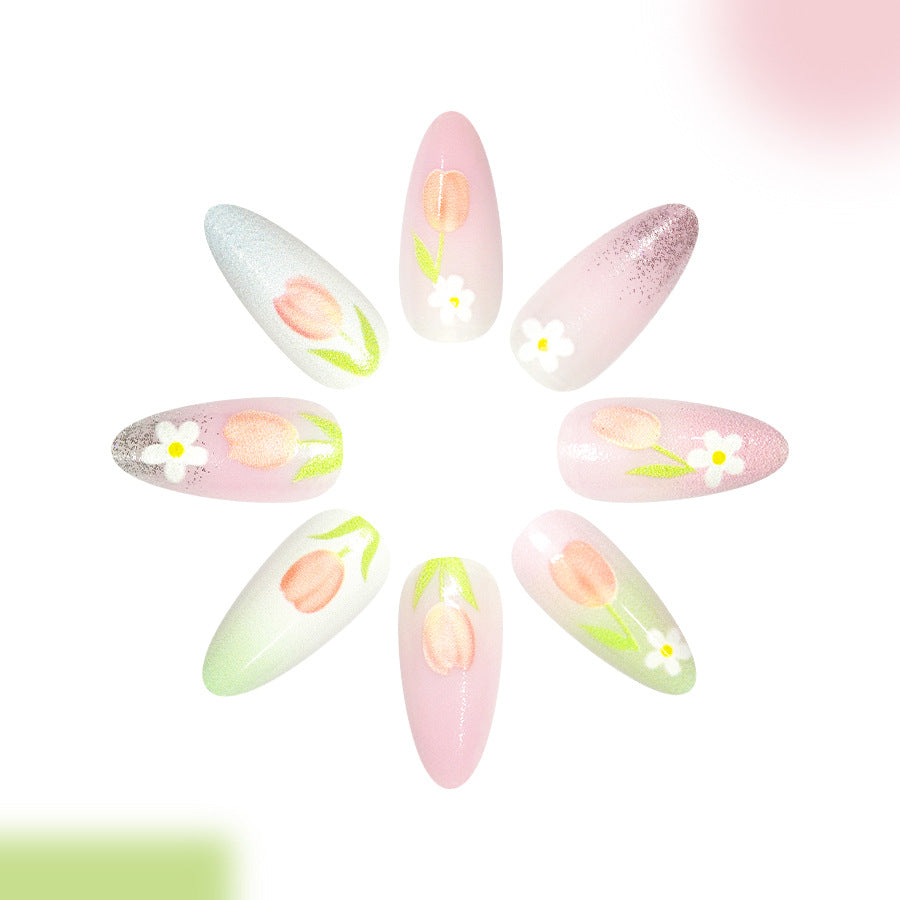 Garden Blossom Medium Almond Pink Floral Nail Set