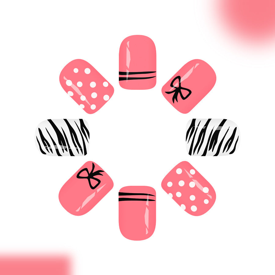Chic Pink Short Square with Fun Bow and Stripes Press On Nail Set