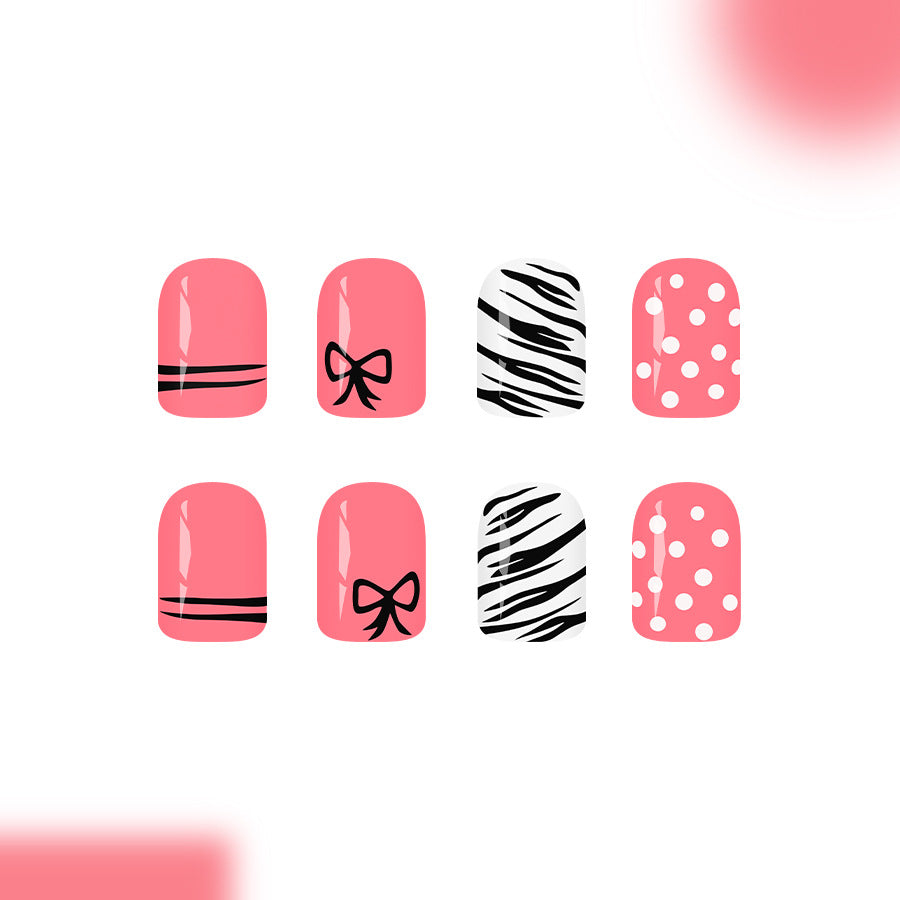 Chic Bowtie Short Square Pink Nail Set with Whimsical Patterns