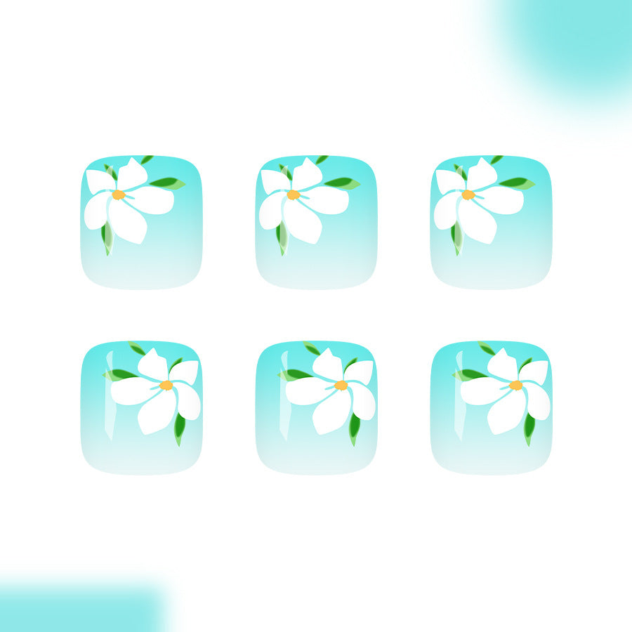 Blossom Breeze Short Square Aqua Floral Press on Toenail Set