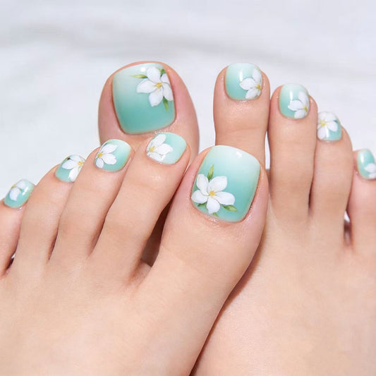 Floral Serenity Short Square Sky Blue Press on Toenail Set with Chic White Blossom Design
