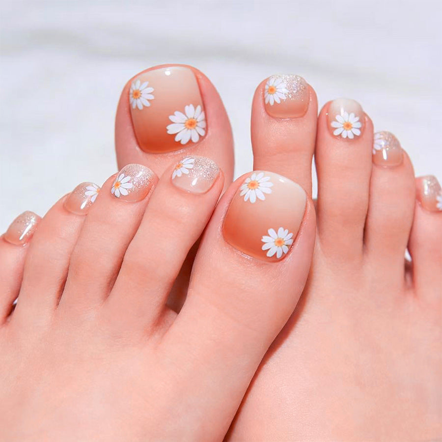 Floral Fantasy Medium Square Peachy Press On Toenail Set with Dainty Daisy Design