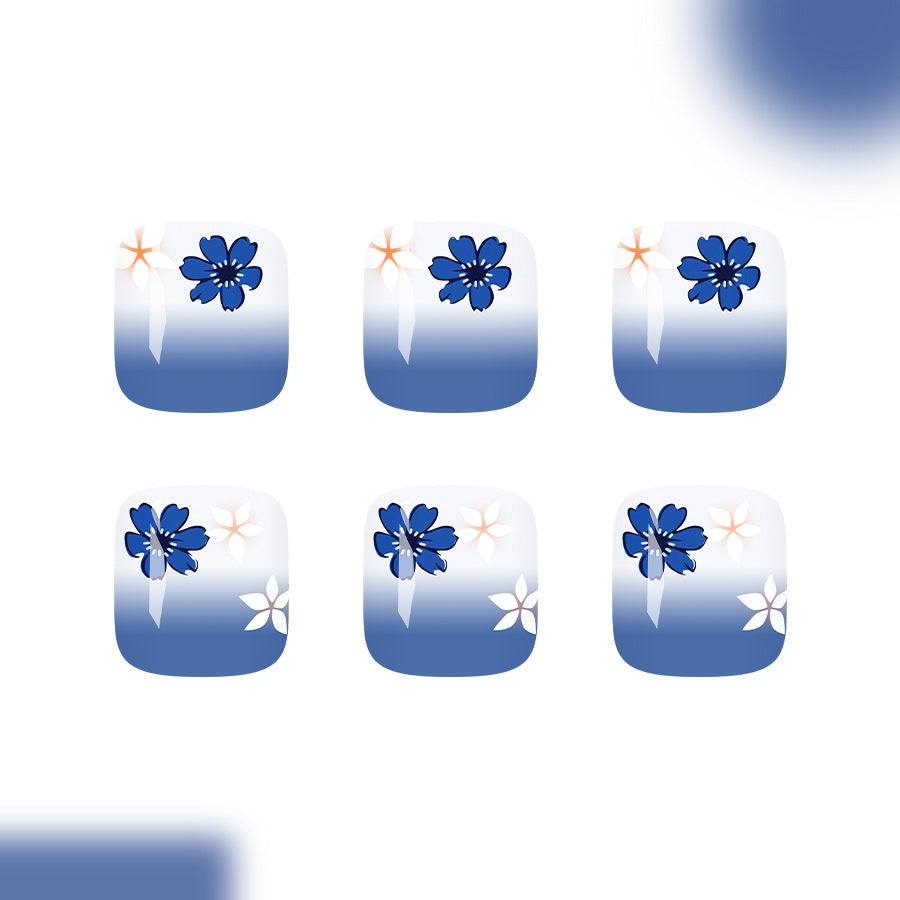 Enchanted Floral Short Square Blue Ombre Design Press Toenail Set