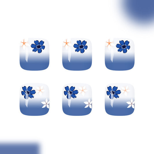 Enchanted Floral Short Square Blue Ombre Design Press Toenail Set